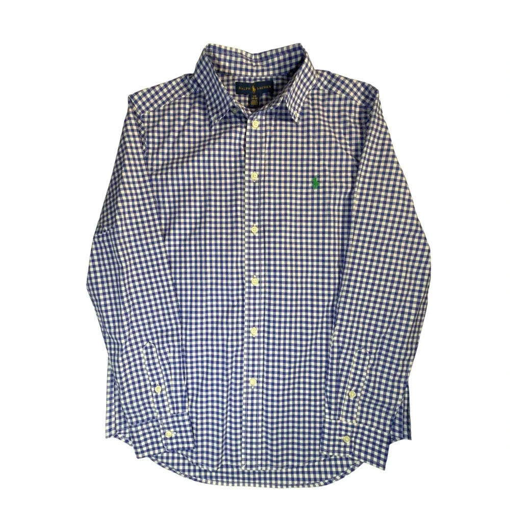 Ralph Lauren Button Down Shirt Boys L 14-16 Blue Gingham Excellent Long Sleeve